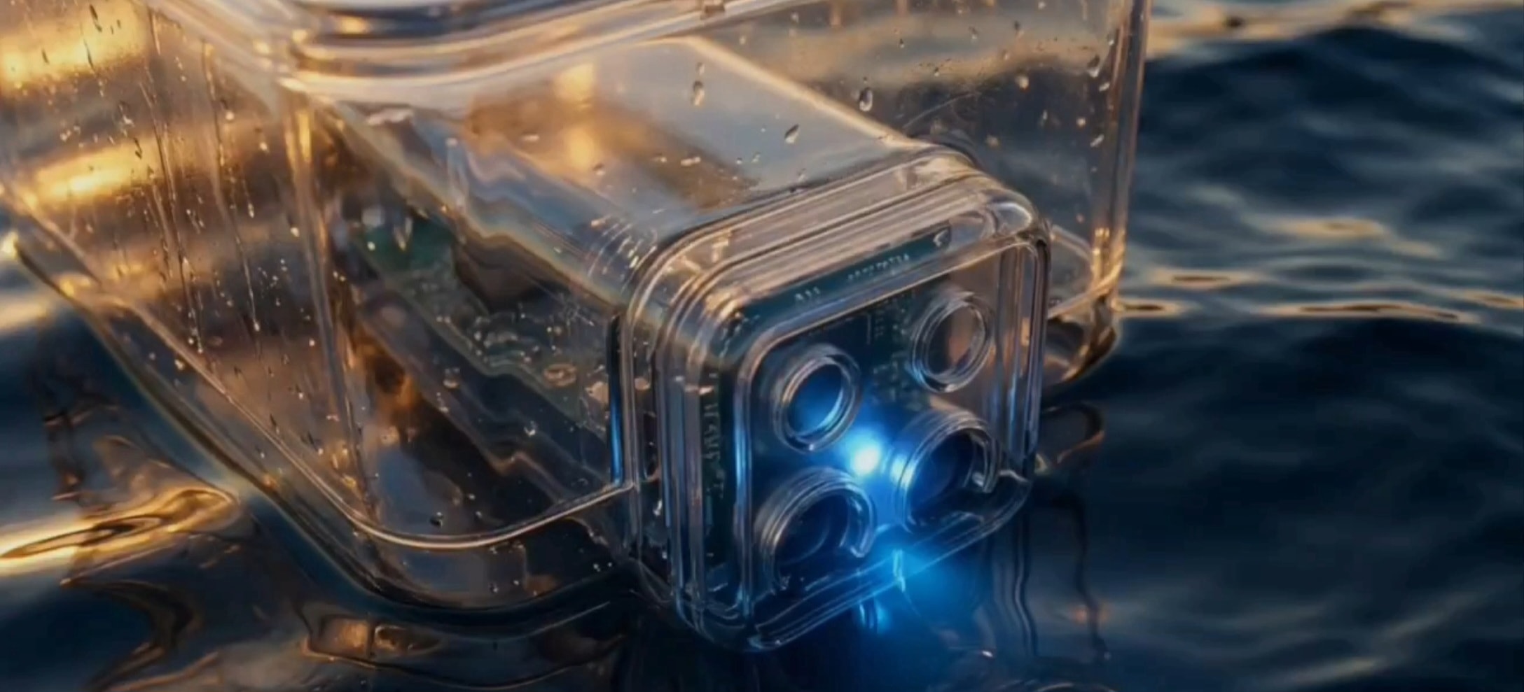 Waterproof sensor device with blue LED light floating at the ocean surface